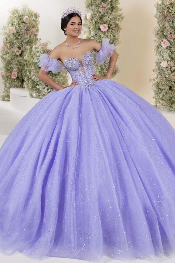 Fiesta Gowns 56558 lilac silver crystal beaded ball gown, front view