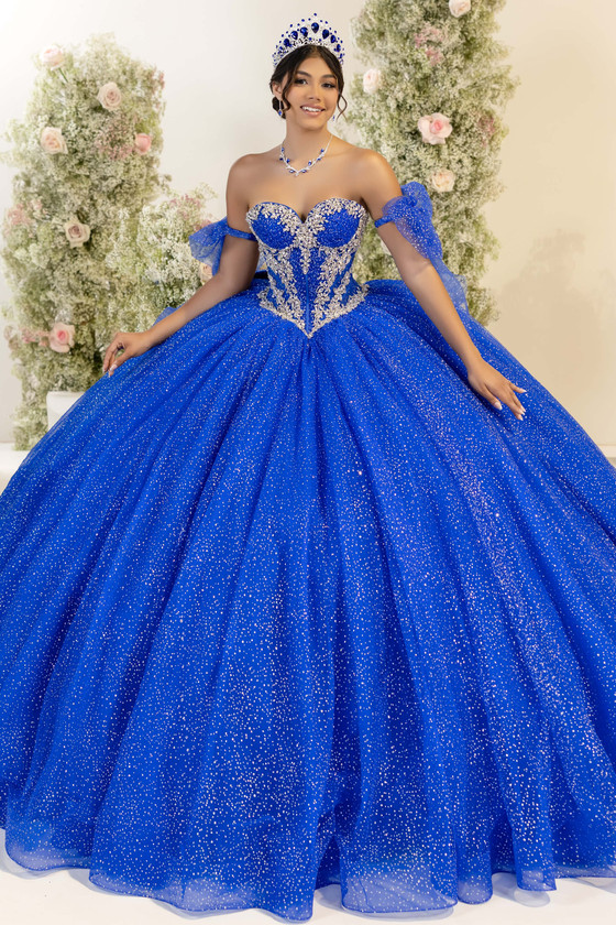 Fiesta Gowns 56561 royal blue sweetheart glitter tulle ball gown, front view