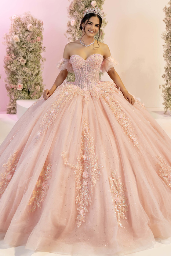 Fiesta Gowns 56562 blush sweetheart ball gown with ruffle sleeves, front view