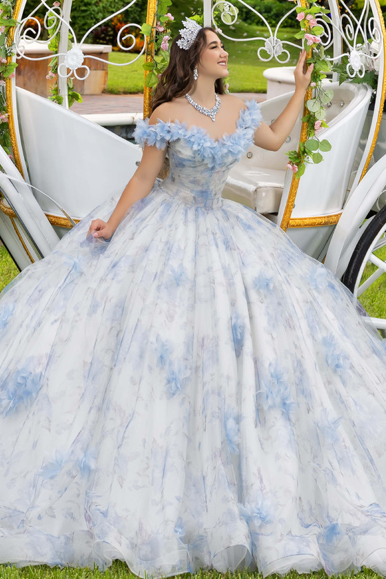 Maravilla 80010 blue multi quinceanera ball gown with floral print, front view