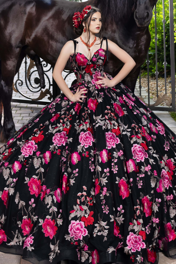 Maravilla 80013 black peony quinceanera ball gown with floral embroidery, front view