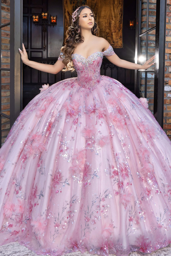 Maravilla 80024 rose multi quinceanera ball gown with floral sequins, front view