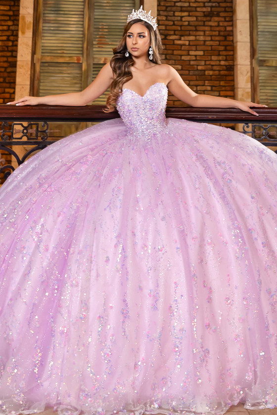 Maravilla 80026 lilac multi quinceanera ball gown with floral appliqués, front view