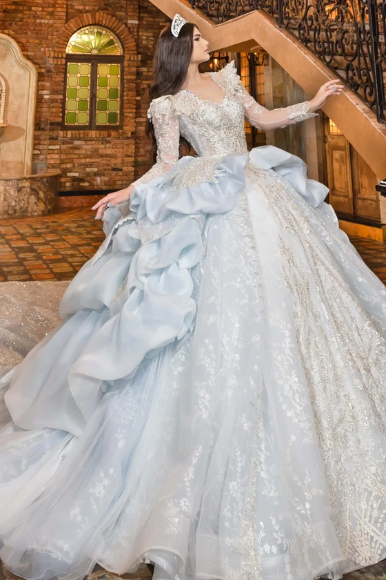 Maravilla 80034 ivory and blue bubble skirt ball gown, front view