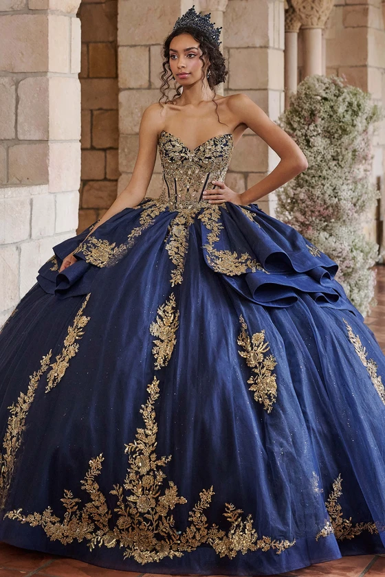 Maravilla 80050 navy gold embroidered ball gown, front view