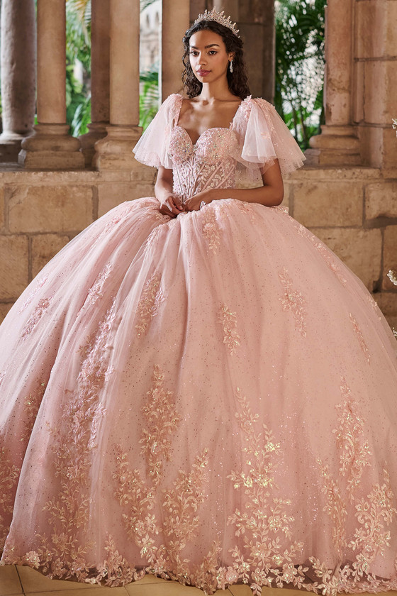 Maravilla 80053 blush ball gown with flutter sleeves, front view