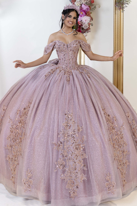 Maravilla 80062 dusty rose glitter ball gown, front view
