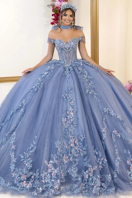 Maravilla 80063 dusty blue floral embroidery ball gown, front view