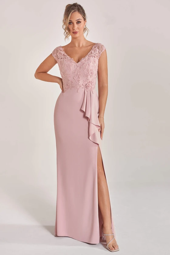 Front view of rose Jade Couture K278059 mother dress with lace bodice