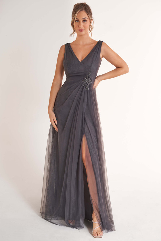 Front view of graphite Jade Couture K278068 tulle mother dress