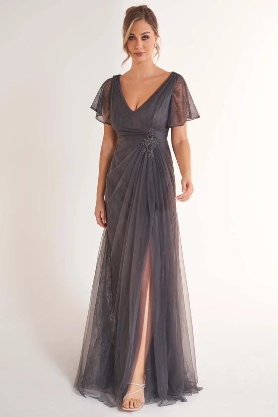 Front view of graphite Jade Couture K278068U flutter sleeve mother dress