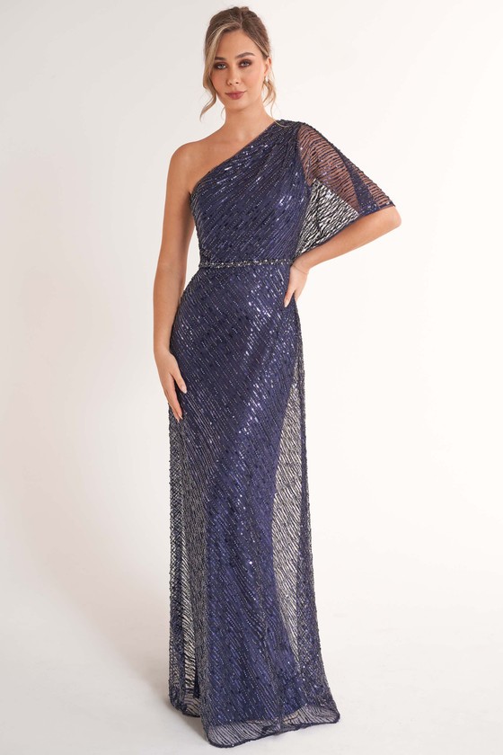 Front view of navy Jade Couture K278074 one shoulder mother dress