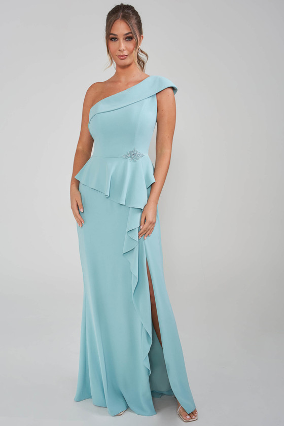 Front view of sea glass Jade Couture K288003 one shoulder mother dress
