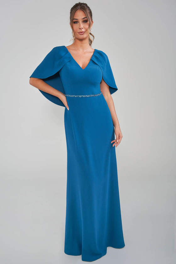 Front view of teal Jade Couture K288004 cape sleeve mother dress