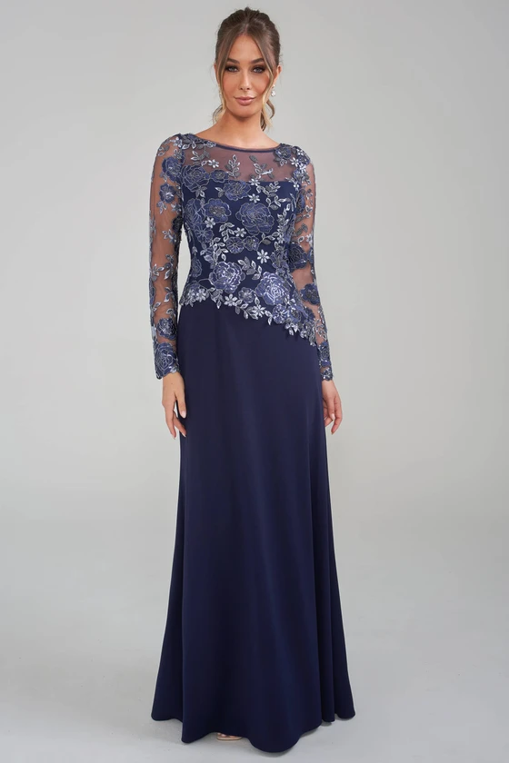 Front view of navy Jade Couture K288011 lace mother dress