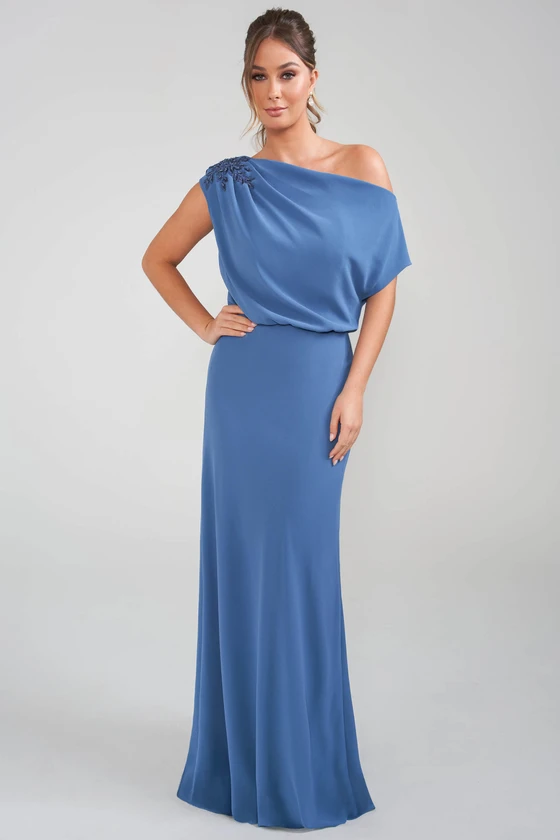 Front view of steel blue Jade Couture K288015 one shoulder mother dress