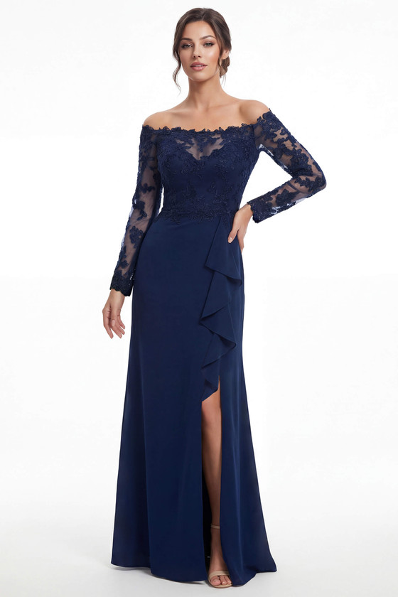Front view of navy Jade Couture K288059 mother of the bride gown