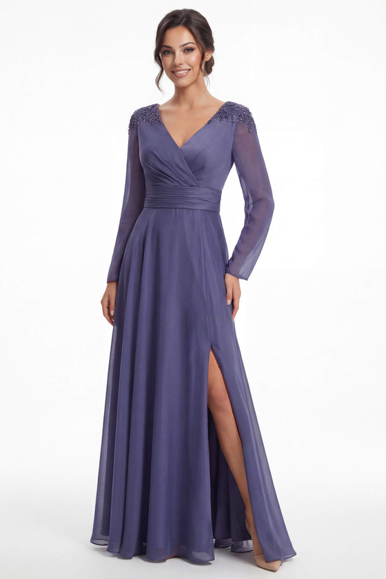 Front view of victorian purple Jade Couture K288067 chiffon mother of the bride gown