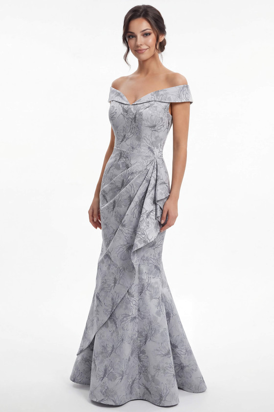 Front view of platinum Jade Couture K288071 Gail jacquard mother of the bride gown
