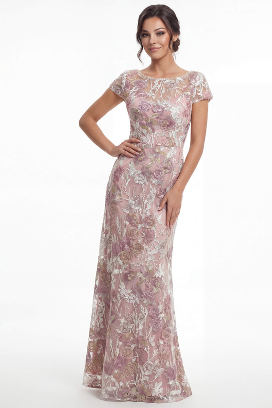 Front view of rose quartz Jade Couture K288074 embroidery lace mother of the bride gown