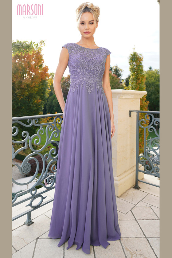 Front view of wisteria Marsoni M238 chiffon mother of the bride gown