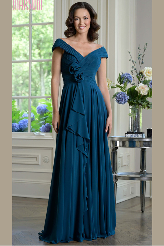 Front view of teal Marsoni M333 chiffon mother of the bride gown