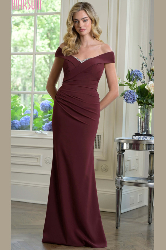 Front view of wine Marsoni M342 stretch crepe mother of the bride gown