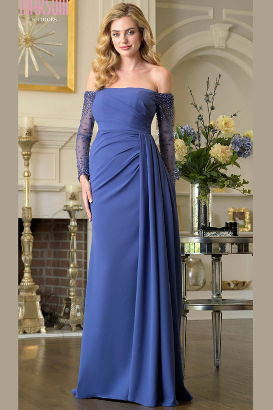 Front view of deep royal Marsoni M344 stretch crepe mother of the bride gown