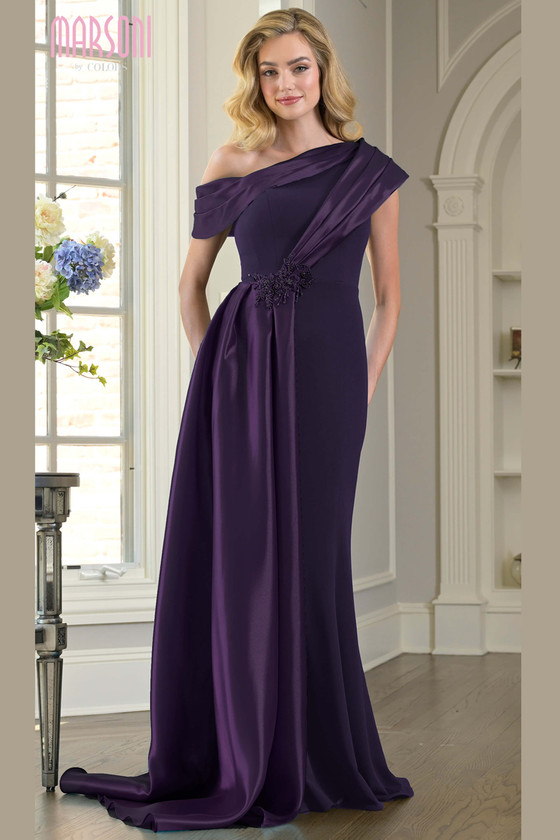 Front view of eggplant Marsoni M346 stretch crepe mother of the bride gown