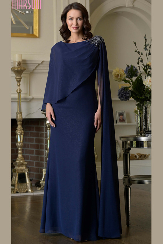 Front view of navy Marsoni MV1362 cape mother of the bride gown