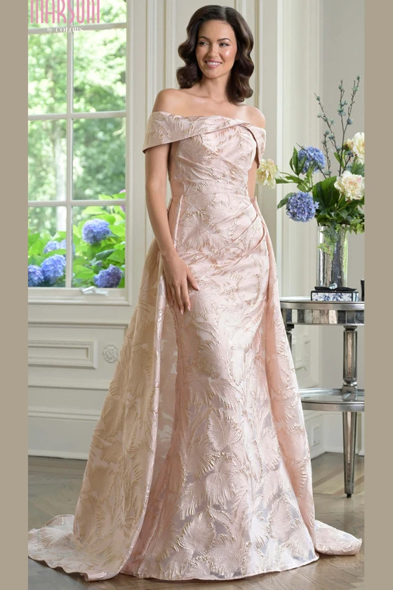 Front view of blush Marsoni MV1382 jacquard mother of the bride gown