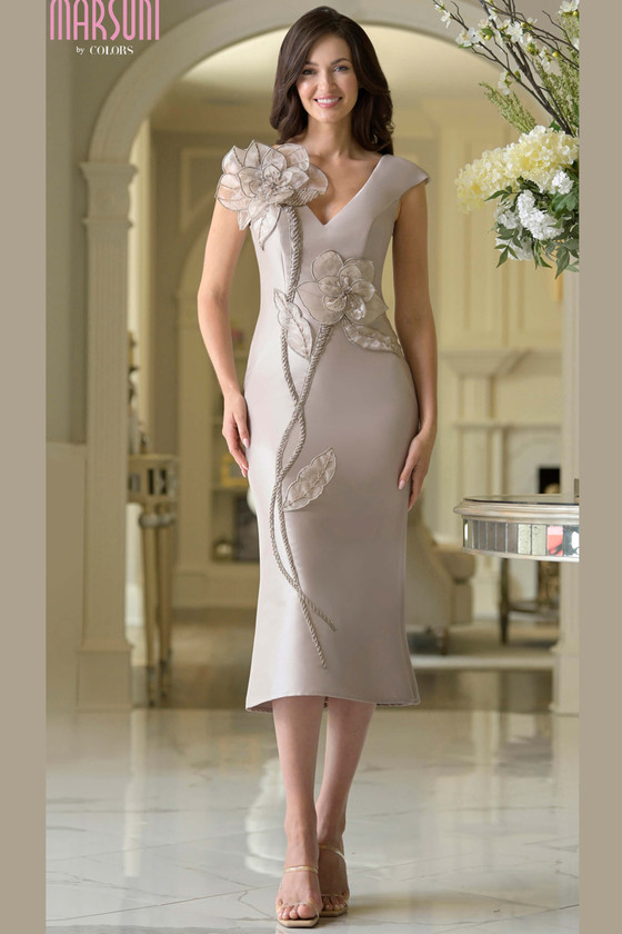 Front view of taupe Marsoni MV1386 tea-length mother of the bride dress