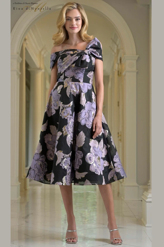 Front view of lavender black Rina di Montella RD210 organza jacquard mother of the bride dress