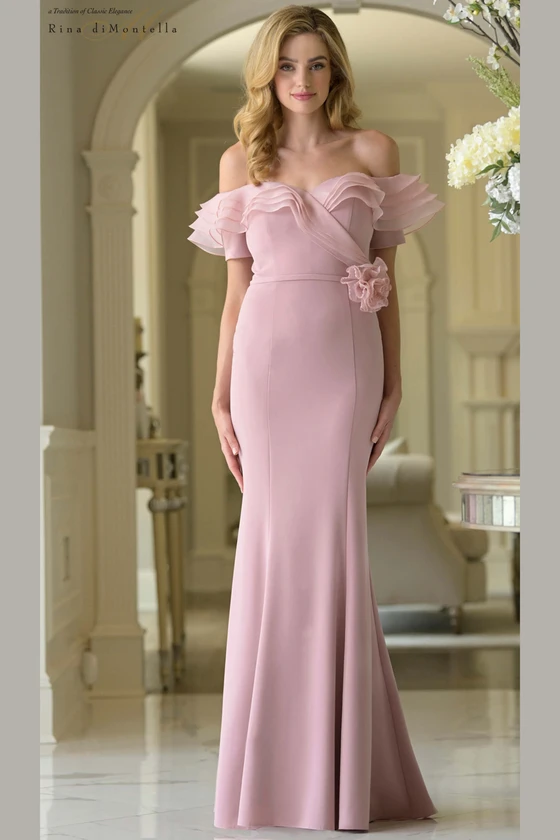Front view of dusty rose Rina di Montella RD3418 stretch crepe mother of the bride gown