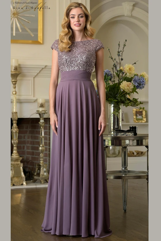 Front view of Victorian Lilac Rina di Montella RD3419 chiffon mother of the bride gown