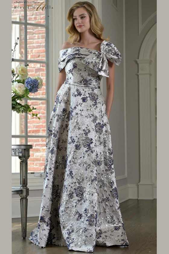 Front view of navy Rina di Montella RD3425 brocade mother of the bride gown