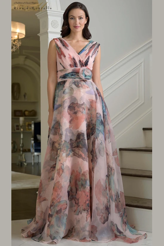 Front view of mauve multi Rina di Montella RD3426 floral organza mother of the bride gown