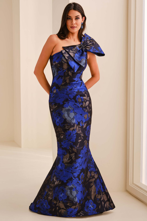 Front view of Montage M3216 royal blue metallic jacquard mother dress