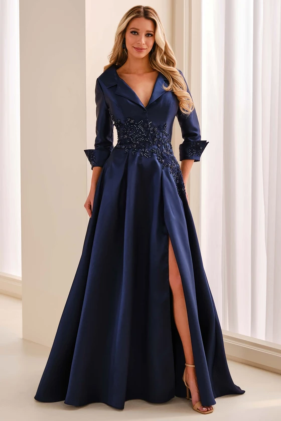 Front view of Montage M3220 navy blue mikado A-line mother dress