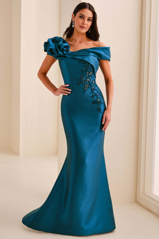 Front view of Montage M3224 dark teal off-the-shoulder mother dress