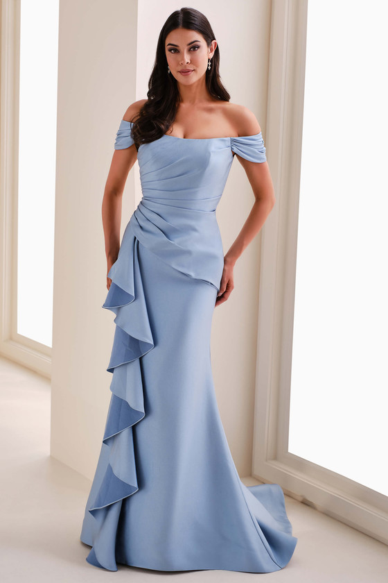Front view of Montage M4202 French Blue off-the-shoulder mother dress