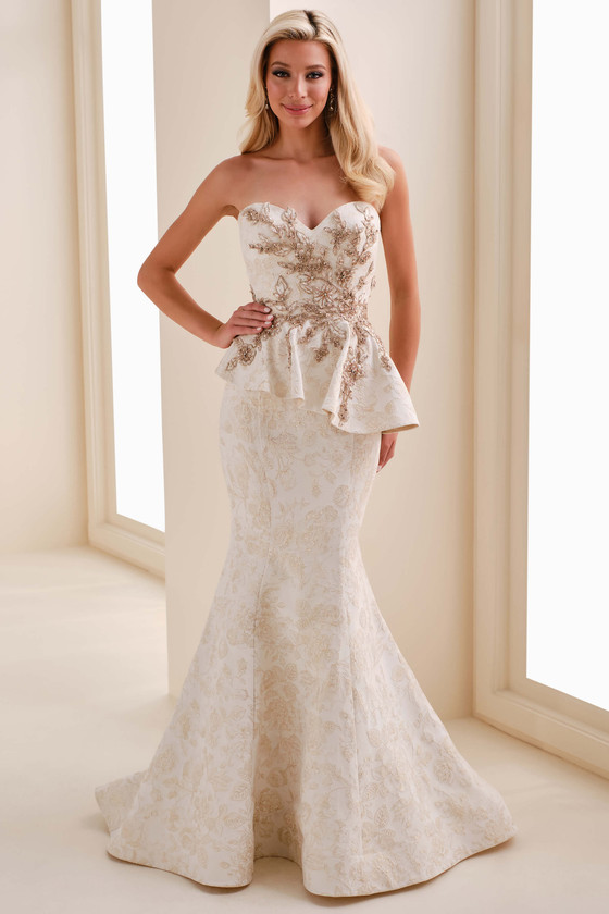 Front view of Montage M4208BRCD ivory and gold strapless mermaid mother dress