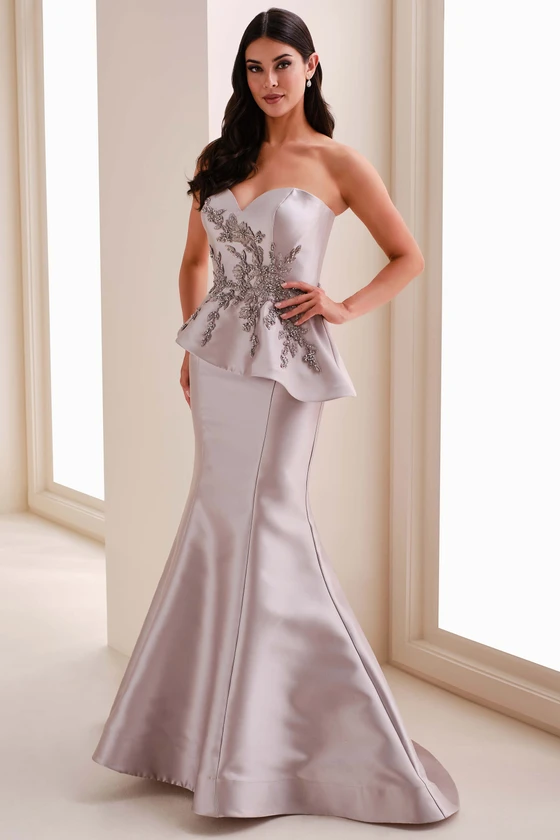 Front view of Montage M4208MKD taupe strapless mermaid mother dress