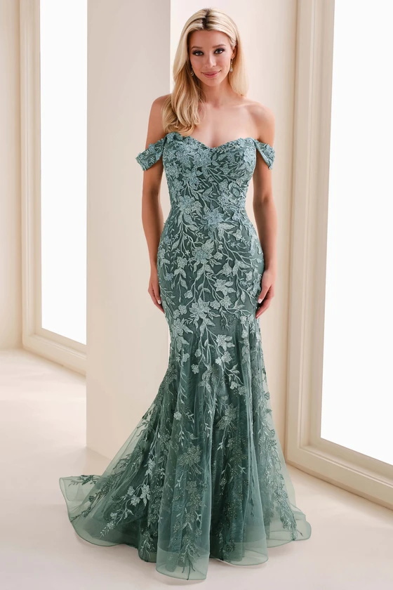 Front view of Montage M4210 spruce mist lace mermaid mother dress