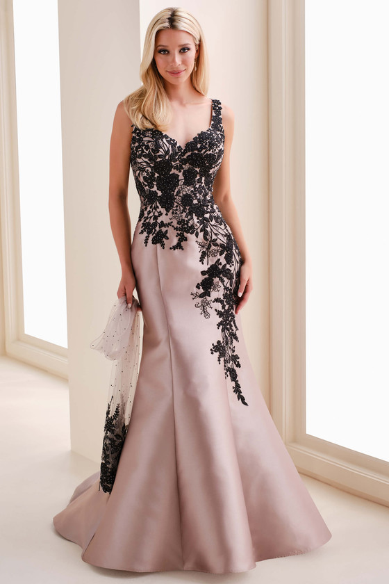 Front view of Montage M4212 taupe mermaid mother of the bride dress