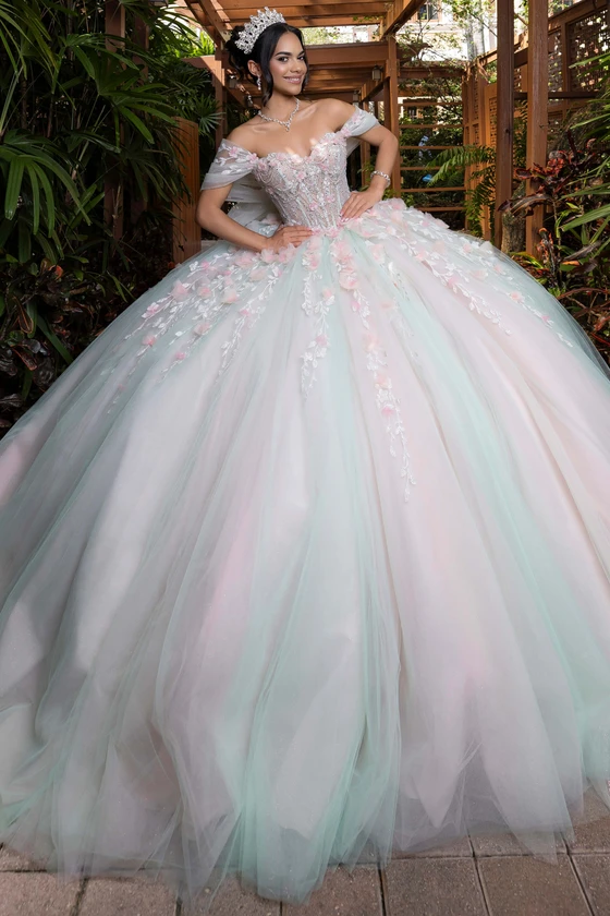 Vizcaya 4080001 mint blush 3D floral quinceanera ball gown, front view