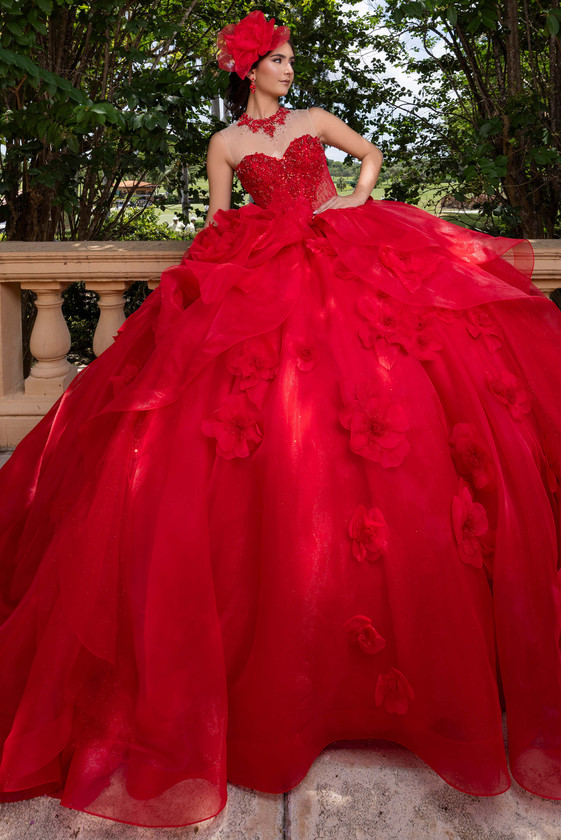 Vizcaya 4080012 red cascading ruffle quinceanera ball gown, front view