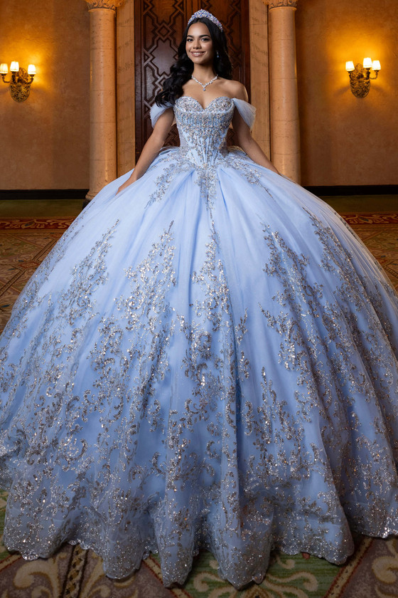 Vizcaya 4080013 light blue silver crystal corset quinceanera ball gown, front view