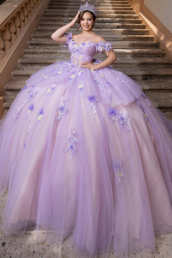 Vizcaya 4080017 purple nude butterfly quinceanera ball gown, front view