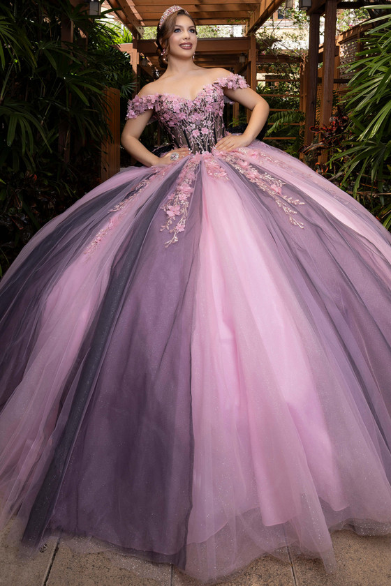 Vizcaya 4080018 black pink floral embroidered quinceanera ball gown, front view